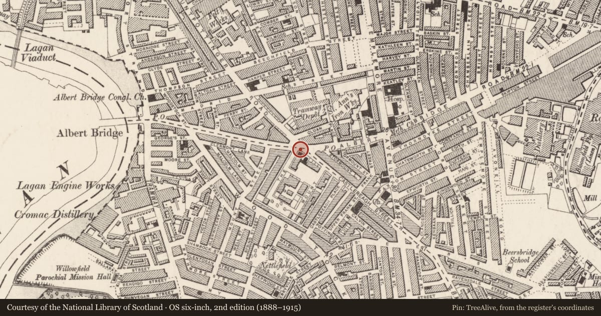 Ordnance Survey six-inch map, 2nd edition (1888–1915) covering the location of Bank House, Ballymacarret, Belfast, with a pin at the register's coordinates
