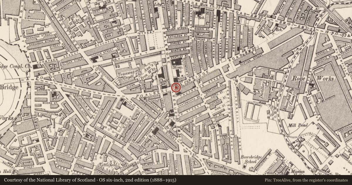 Ordnance Survey six-inch map, 2nd edition (1888–1915) covering the location of 189 Albertbridge Road, Ballymacarret, Belfast, with a pin at the register's coordinates