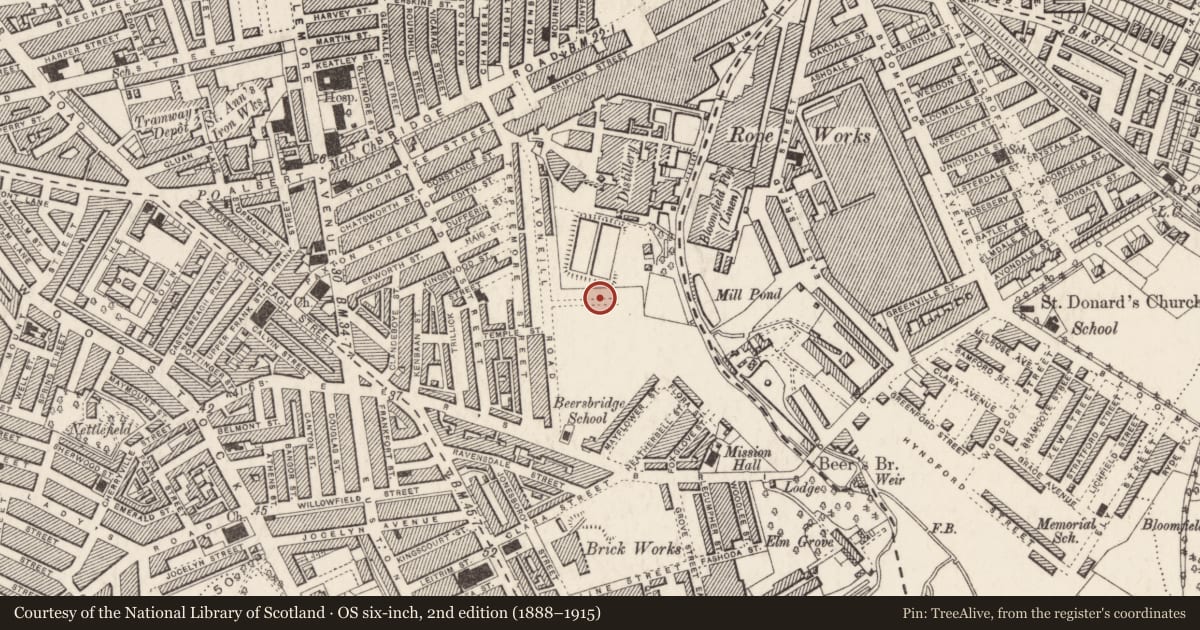 Ordnance Survey six-inch map, 2nd edition (1888–1915) covering the location of Avoniel Primary School, Ballymacarrett, Belfast, with a pin at the register's coordinates