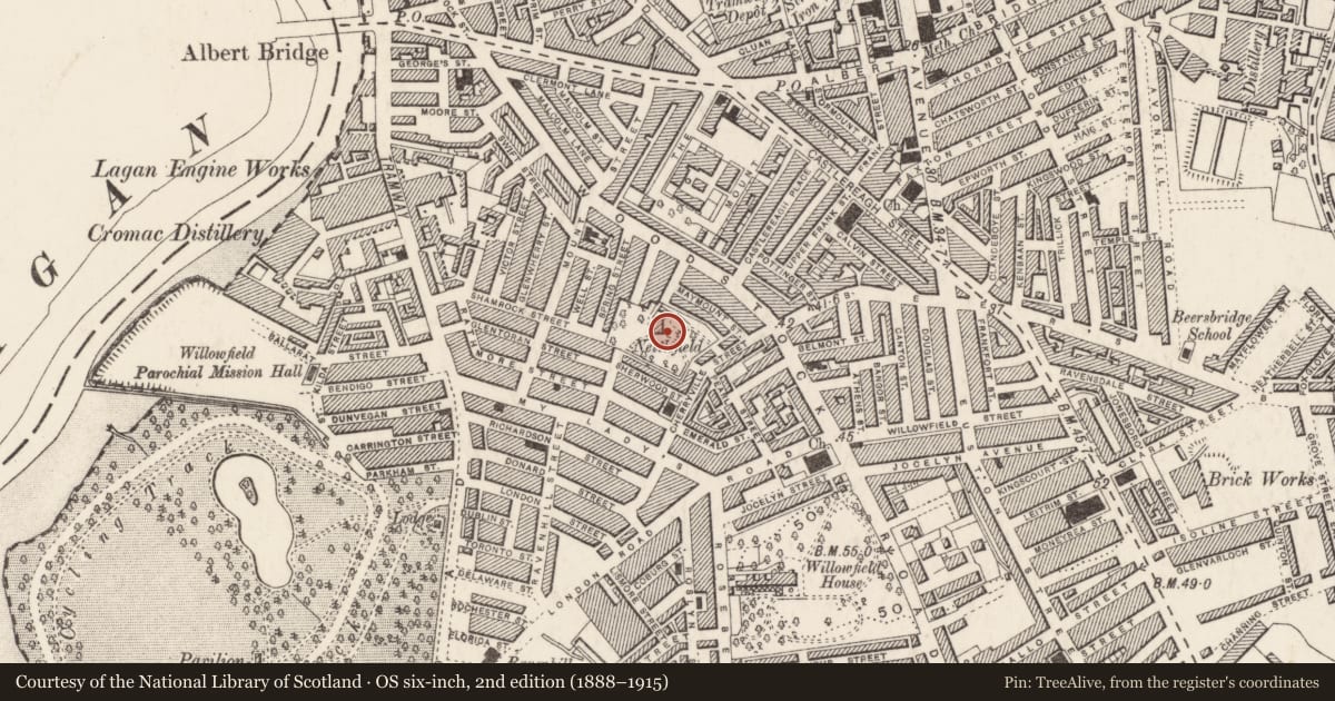 Ordnance Survey six-inch map, 2nd edition (1888–1915) covering the location of Nettlefield Primary School, Ballymacarret, Belfast, with a pin at the register's coordinates