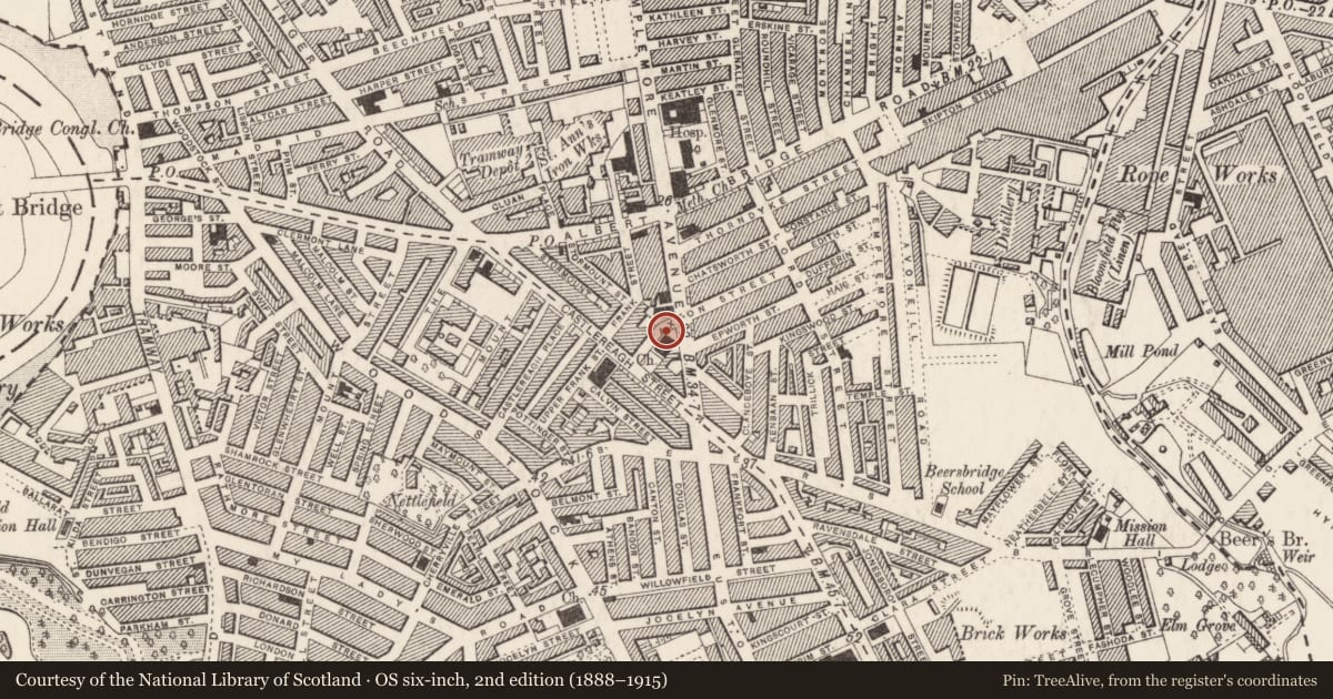 Ordnance Survey six-inch map, 2nd edition (1888–1915) covering the location of St. Clement's Church of Ireland, Ballymacarret, Belfast, with a pin at the register's coordinates