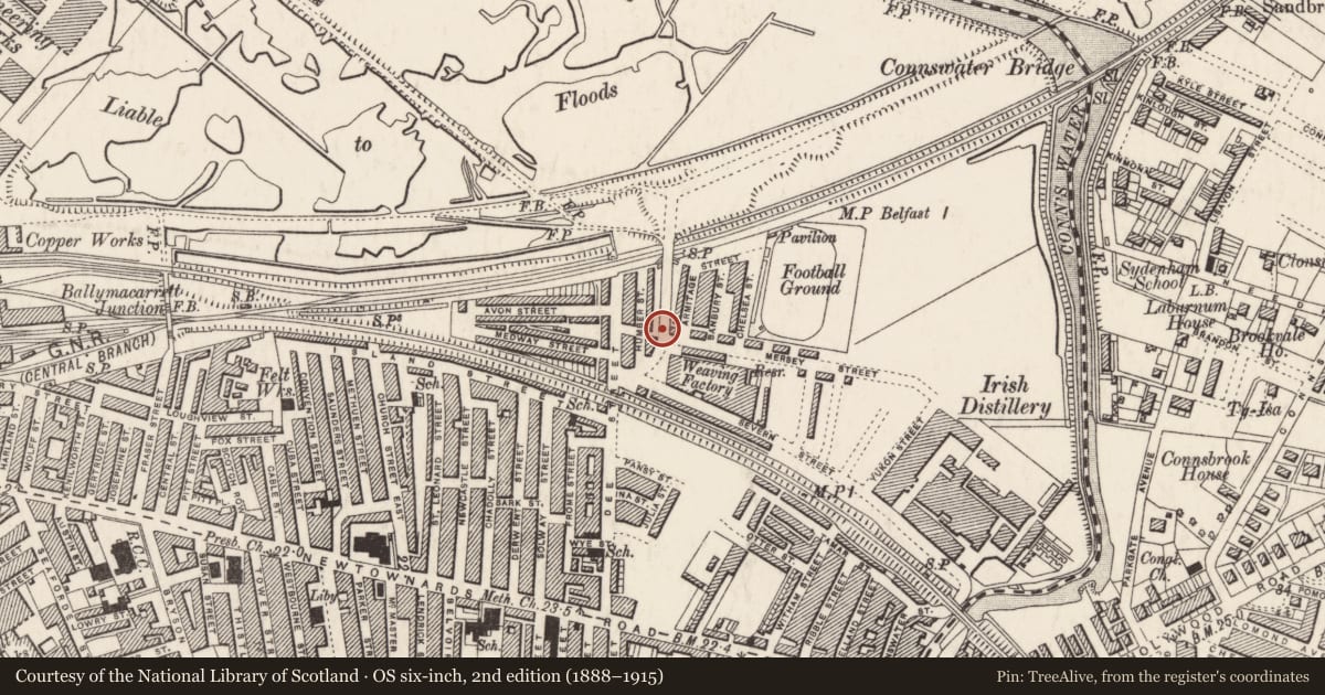 Ordnance Survey six-inch map, 2nd edition (1888–1915) covering the location of Parliamentary boundary posts, Ballymacarret, Belfast, with a pin at the register's coordinates
