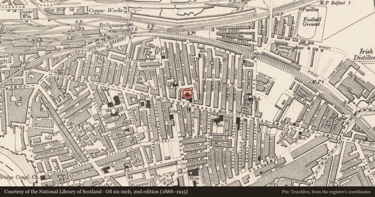Ordnance Survey six-inch map, 2nd edition (1888–1915) covering the location of St Patricks Church of Ireland, Ballycarrett, Belfast, with a pin at the register's coordinates