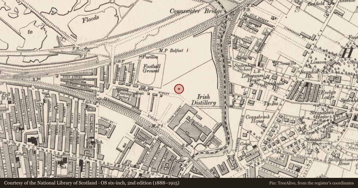 Ordnance Survey six-inch map, 2nd edition (1888–1915) covering the location of St. Christopher'S C OF I CHURCH, Ballymacarrett, Belfast, with a pin at the register's coordinates