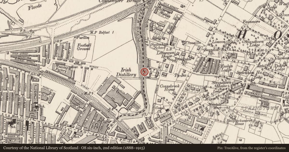 Ordnance Survey six-inch map, 2nd edition (1888–1915) covering the location of Mersey Street Bridge, Belfast, with a pin at the register's coordinates