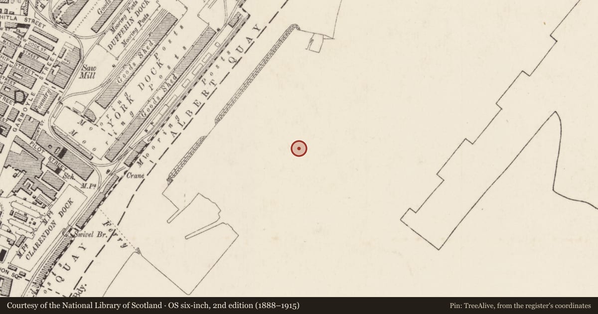 Ordnance Survey six-inch map, 2nd edition (1888–1915) covering the location of Administration and drawing office block (Harland & Wolff), Ballymacarrett, Belfast, with a pin at the register's coordinates