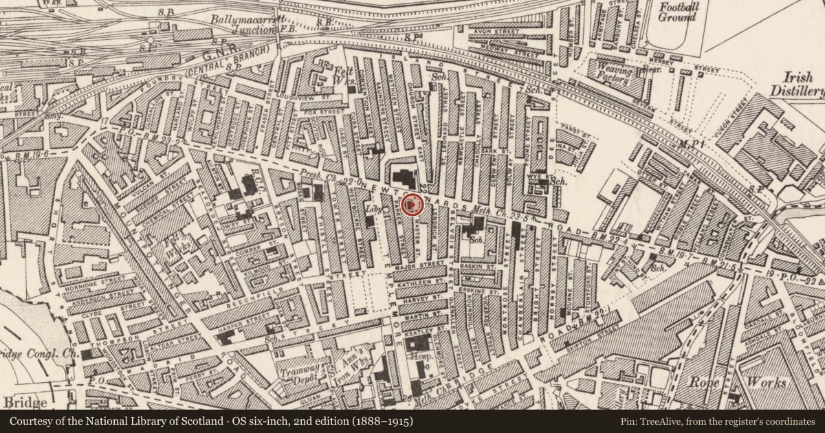 Ordnance Survey six-inch map, 2nd edition (1888–1915) covering the location of 1 McMaster Street, Ballymacarrett, Belfast, with a pin at the register's coordinates