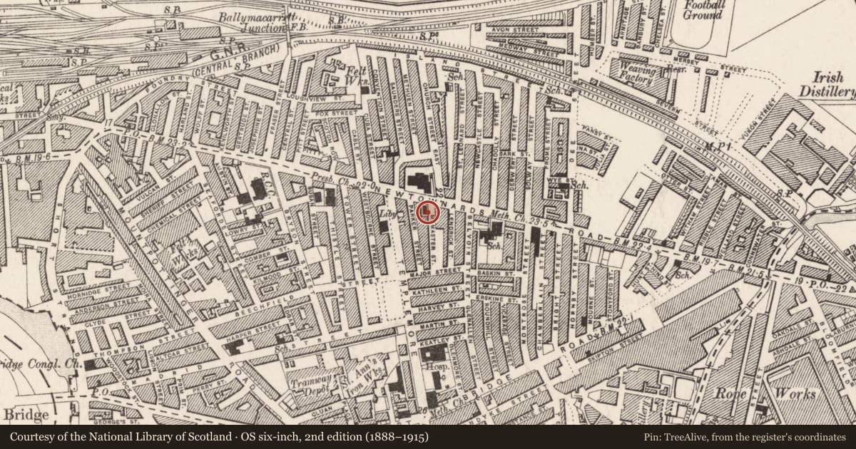 Ordnance Survey six-inch map, 2nd edition (1888–1915) covering the location of 3 McMaster Street, Ballymacarrett, Belfast, with a pin at the register's coordinates