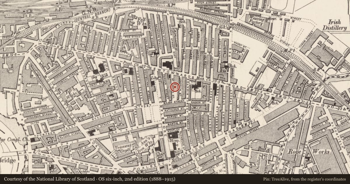 Ordnance Survey six-inch map, 2nd edition (1888–1915) covering the location of 30 McMaster Street, Ballymacarrett, Belfast, with a pin at the register's coordinates
