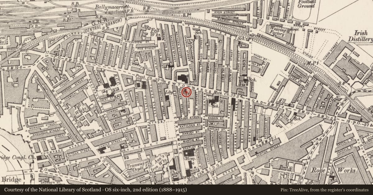 Ordnance Survey six-inch map, 2nd edition (1888–1915) covering the location of 5 McMaster Street, Ballymacarrett, Belfast, with a pin at the register's coordinates