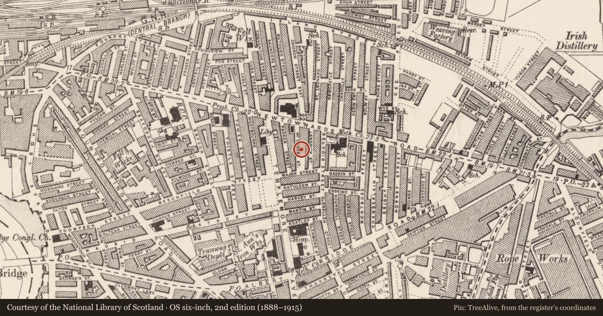 Ordnance Survey six-inch map, 2nd edition (1888–1915) covering the location of 32 McMaster Street, Ballymacarrett, Belfast, with a pin at the register's coordinates