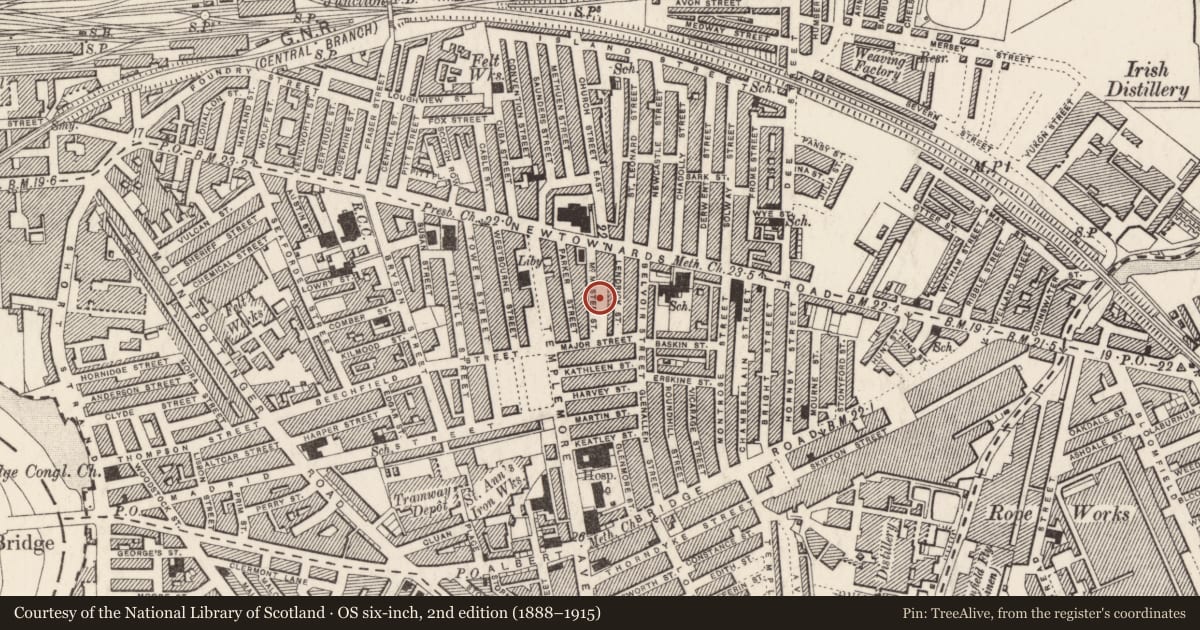 Ordnance Survey six-inch map, 2nd edition (1888–1915) covering the location of 34 McMaster Street, Ballymacarrett, Belfast, with a pin at the register's coordinates