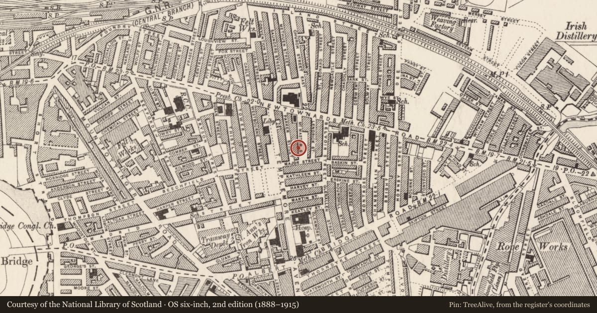 Ordnance Survey six-inch map, 2nd edition (1888–1915) covering the location of 35 McMaster Street, Ballymacarrett, Belfast, with a pin at the register's coordinates