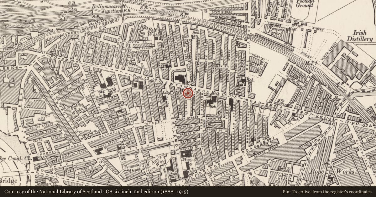 Ordnance Survey six-inch map, 2nd edition (1888–1915) covering the location of 10 McMaster Street, Ballymacarrett, Belfast, with a pin at the register's coordinates
