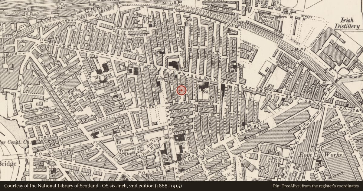 Ordnance Survey six-inch map, 2nd edition (1888–1915) covering the location of 36 McMaster Street, Ballymacarrett, Belfast, with a pin at the register's coordinates