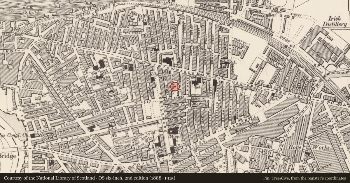 Ordnance Survey six-inch map, 2nd edition (1888–1915) covering the location of 38 McMaster Street, Ballymacarrett, Belfast, with a pin at the register's coordinates