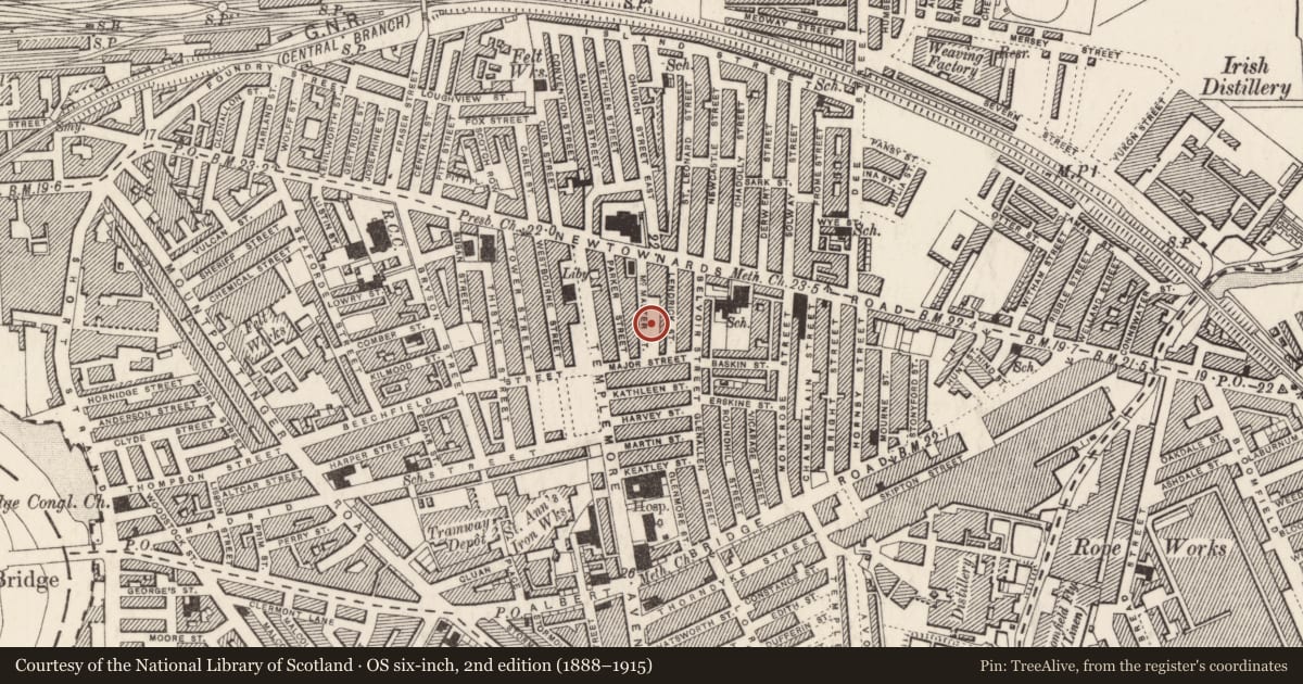 Ordnance Survey six-inch map, 2nd edition (1888–1915) covering the location of 40 McMaster Street, Ballymacarrett, Belfast, with a pin at the register's coordinates