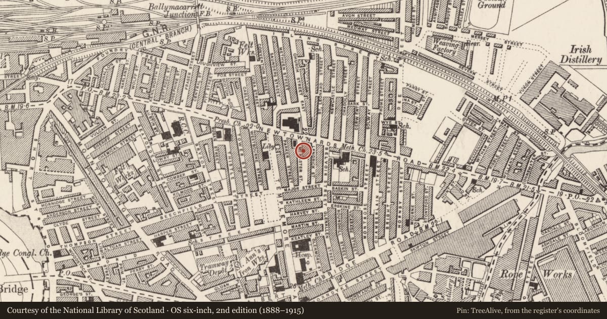 Ordnance Survey six-inch map, 2nd edition (1888–1915) covering the location of 14 McMaster Street, Ballymacarrett, Belfast, with a pin at the register's coordinates