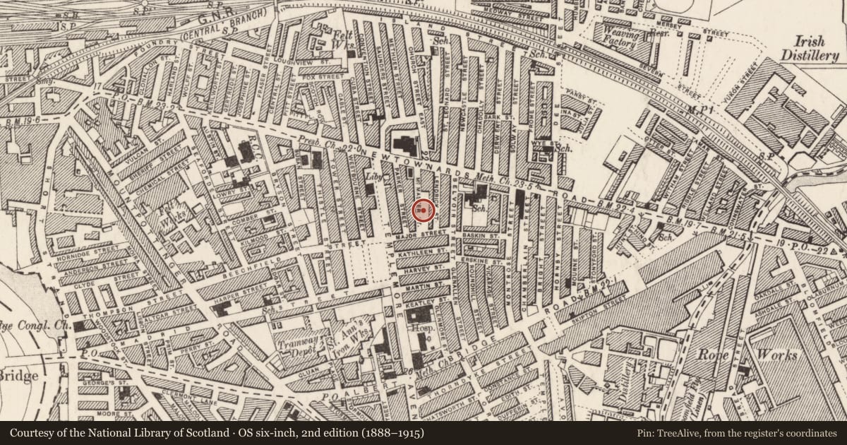Ordnance Survey six-inch map, 2nd edition (1888–1915) covering the location of 42 McMaster Street, Ballymacarrett, Belfast, with a pin at the register's coordinates