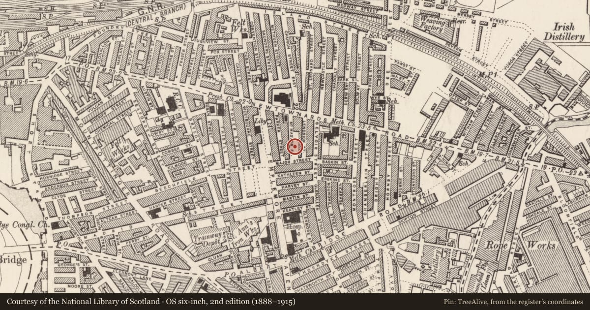 Ordnance Survey six-inch map, 2nd edition (1888–1915) covering the location of 44 McMaster Street, Ballymacarrett, Belfast, with a pin at the register's coordinates