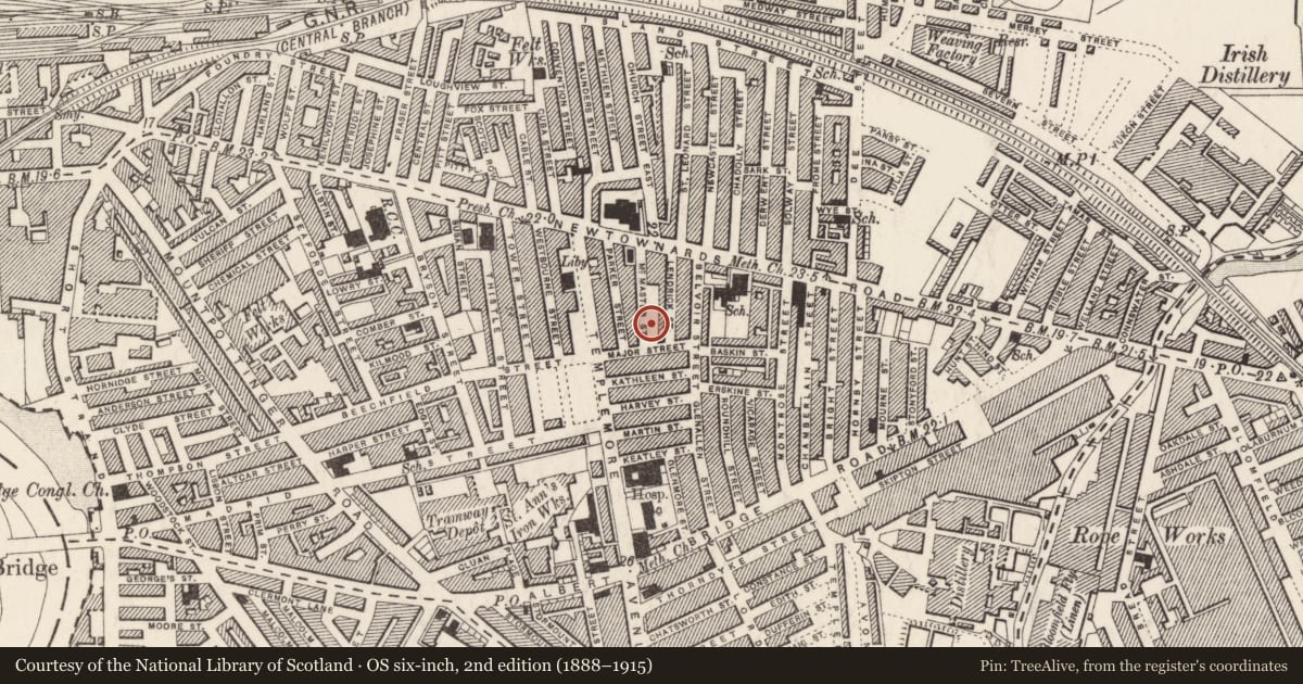 Ordnance Survey six-inch map, 2nd edition (1888–1915) covering the location of 48 McMaster Street, Ballymacarrett, Belfast, with a pin at the register's coordinates