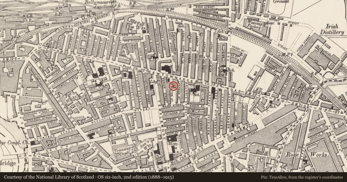 Ordnance Survey six-inch map, 2nd edition (1888–1915) covering the location of 18 McMaster Street, Ballymacarrett, Belfast, with a pin at the register's coordinates