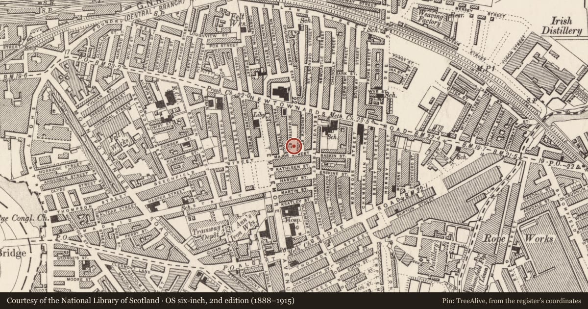 Ordnance Survey six-inch map, 2nd edition (1888–1915) covering the location of 52 McMaster Street, Ballymacarrett, Belfast, with a pin at the register's coordinates