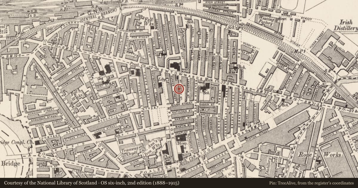 Ordnance Survey six-inch map, 2nd edition (1888–1915) covering the location of 27 McMaster Street, Ballymacarrett, Belfast, with a pin at the register's coordinates
