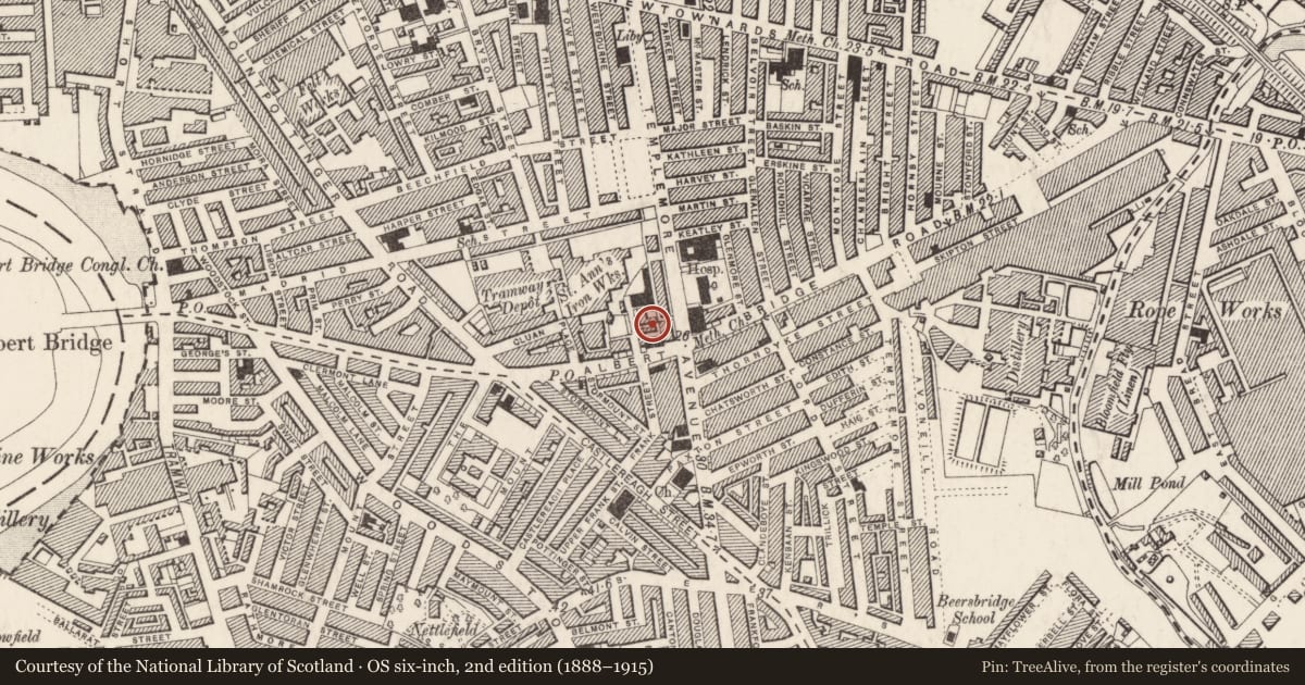 Ordnance Survey six-inch map, 2nd edition (1888–1915) covering the location of Orange Hall, Ballymacarret, Belfast, with a pin at the register's coordinates
