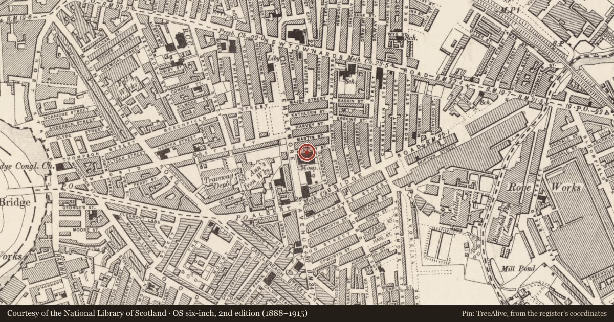 Ordnance Survey six-inch map, 2nd edition (1888–1915) covering the location of Templemore Swimming Baths, Ballymacarrett, Belfast, with a pin at the register's coordinates