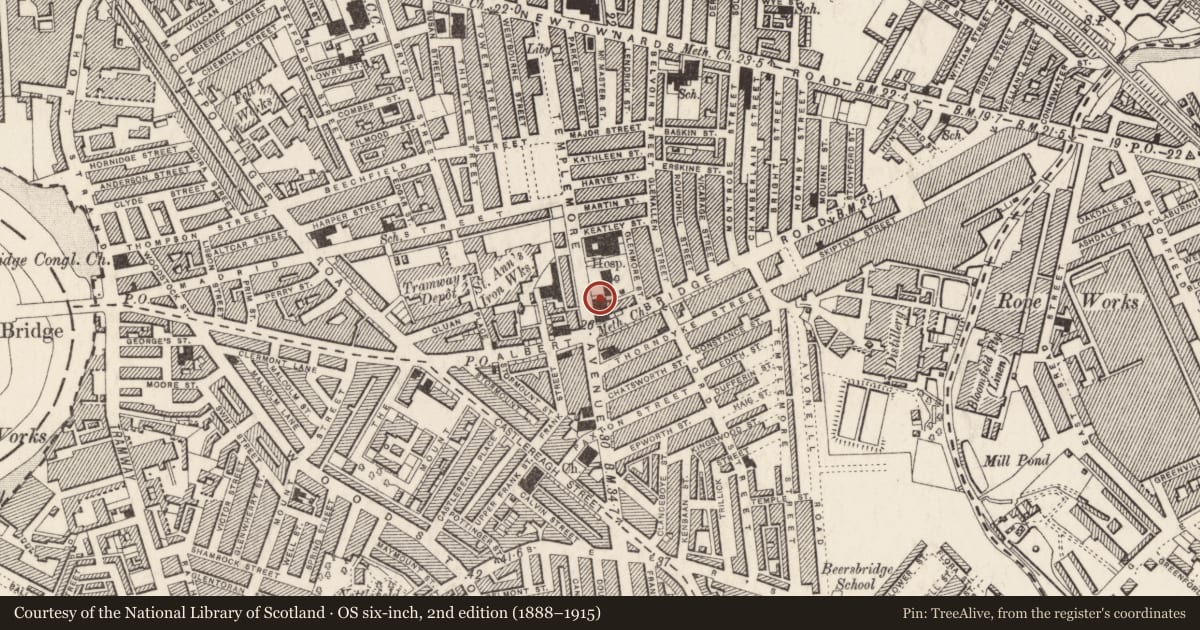 Ordnance Survey six-inch map, 2nd edition (1888–1915) covering the location of Mountpottinger Methodist Church, Ballymacarret, Belfast, with a pin at the register's coordinates