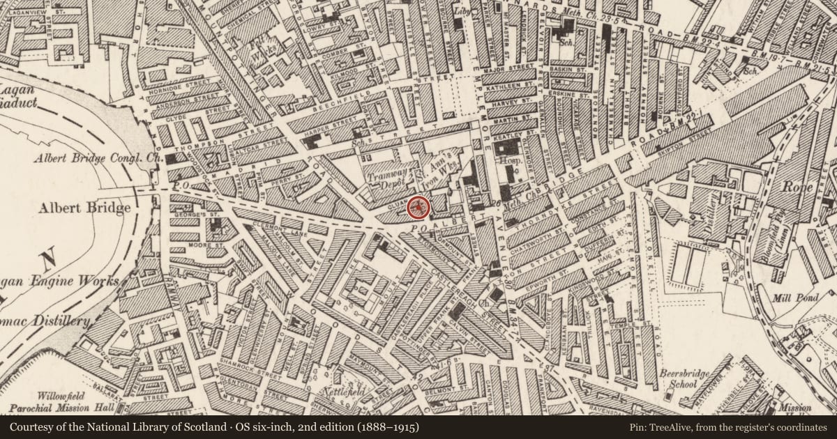 Ordnance Survey six-inch map, 2nd edition (1888–1915) covering the location of Ulster Bank, Ballymacarrett, Belfast, with a pin at the register's coordinates