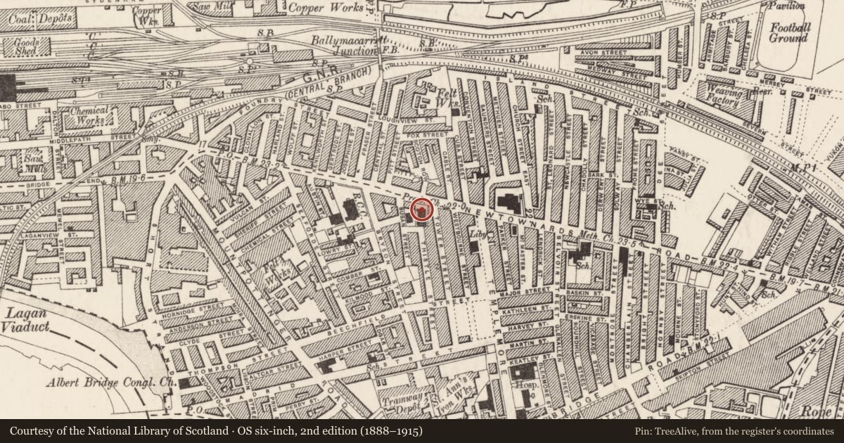 Ordnance Survey six-inch map, 2nd edition (1888–1915) covering the location of Westbourne Presbyterian Church, Ballymacarret, Belfast, with a pin at the register's coordinates