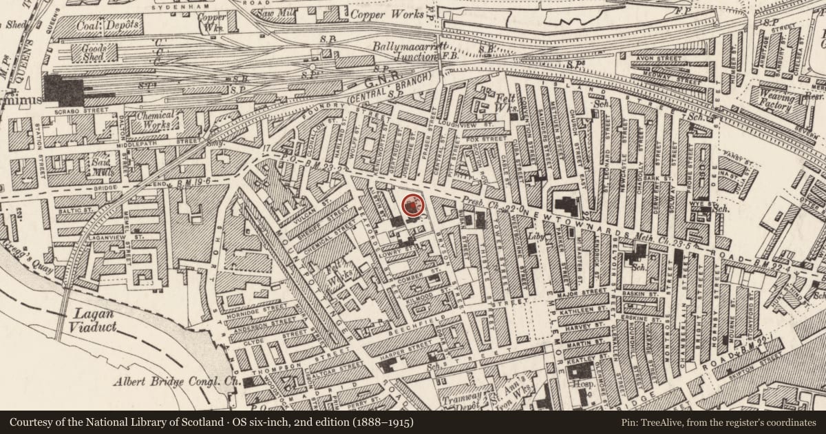 Ordnance Survey six-inch map, 2nd edition (1888–1915) covering the location of St. Matthew's Roman Catholic Church, Ballymacarret, Belfast, with a pin at the register's coordinates