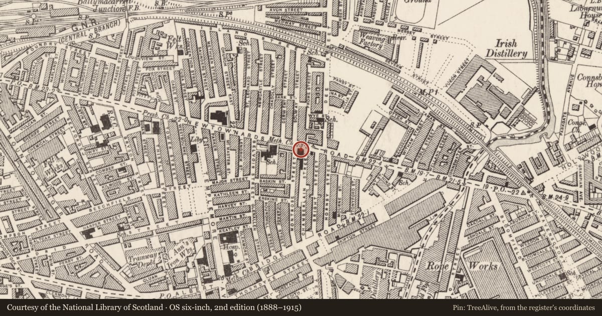 Ordnance Survey six-inch map, 2nd edition (1888–1915) covering the location of Megain Memorial Church of the Nazarene, Ballymacarrett, Belfast, with a pin at the register's coordinates