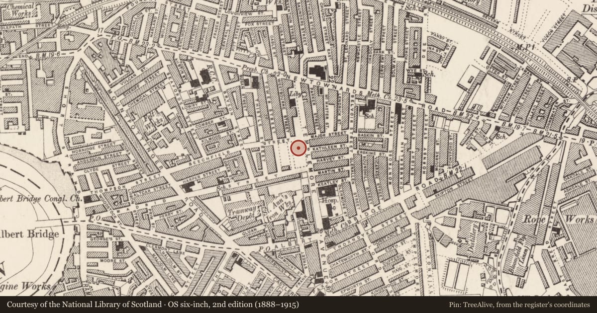 Ordnance Survey six-inch map, 2nd edition (1888–1915) covering the location of Rupert Stanley College, Belfast, with a pin at the register's coordinates