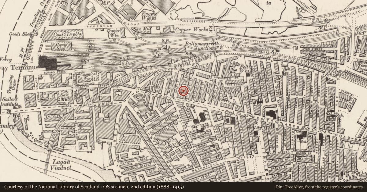 Ordnance Survey six-inch map, 2nd edition (1888–1915) covering the location of St. Martin's Church of Ireland, Ballymacarrett, Belfast, with a pin at the register's coordinates