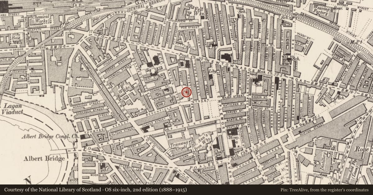 Ordnance Survey six-inch map, 2nd edition (1888–1915) covering the location of Beechfield Primary School, Belfast, with a pin at the register's coordinates