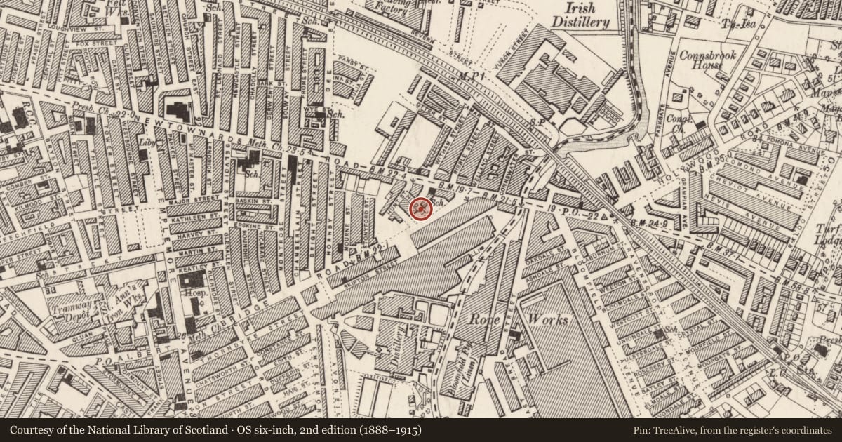 Ordnance Survey six-inch map, 2nd edition (1888–1915) covering the location of Albertbridge Road Gospel Hall, Belfast, with a pin at the register's coordinates