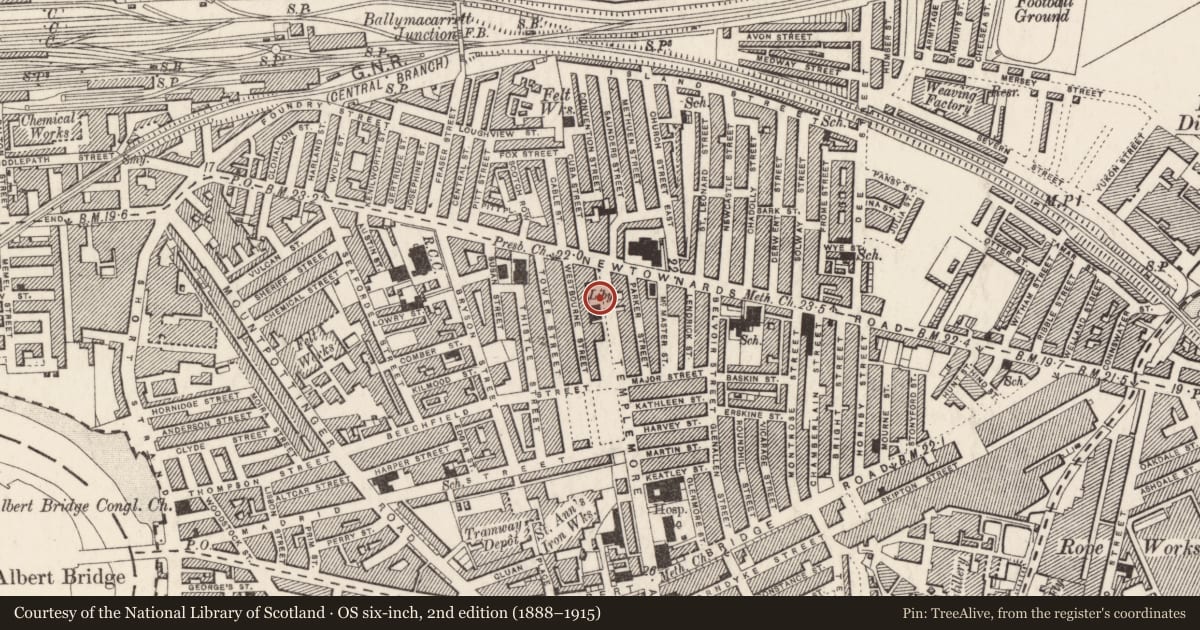Ordnance Survey six-inch map, 2nd edition (1888–1915) covering the location of Ballymacarrett Library, Belfast, with a pin at the register's coordinates