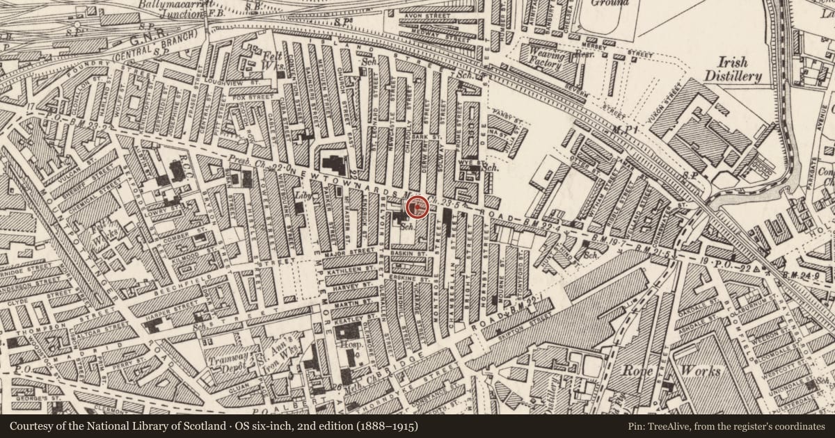 Ordnance Survey six-inch map, 2nd edition (1888–1915) covering the location of Former Methodist Church (demolished), Belfast, with a pin at the register's coordinates