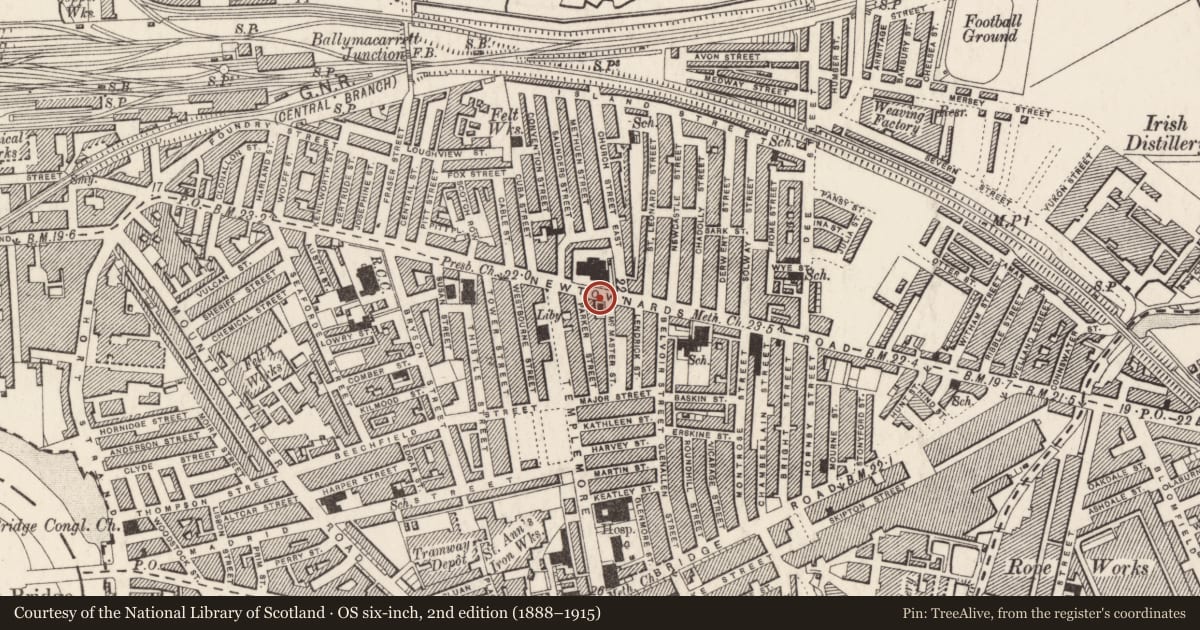 Ordnance Survey six-inch map, 2nd edition (1888–1915) covering the location of Masonic Hall, Belfast, with a pin at the register's coordinates