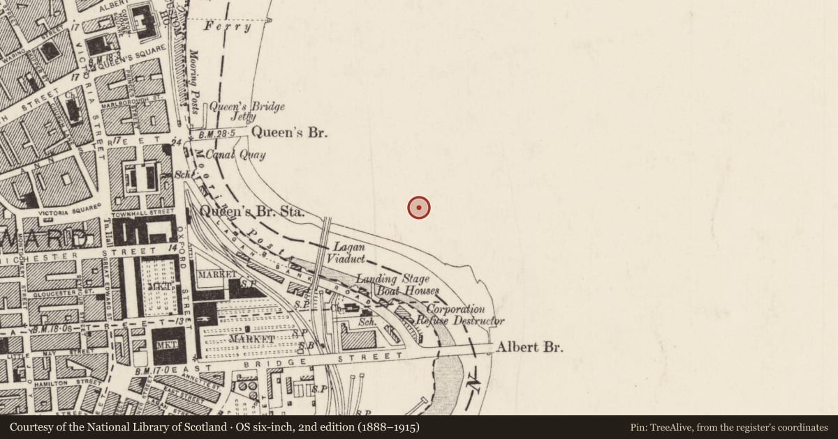 Ordnance Survey six-inch map, 2nd edition (1888–1915) covering the location of The Sirocco Works (Howden Sirocco Engineering works), Ballymacarrett, Belfast, with a pin at the register's coordinates