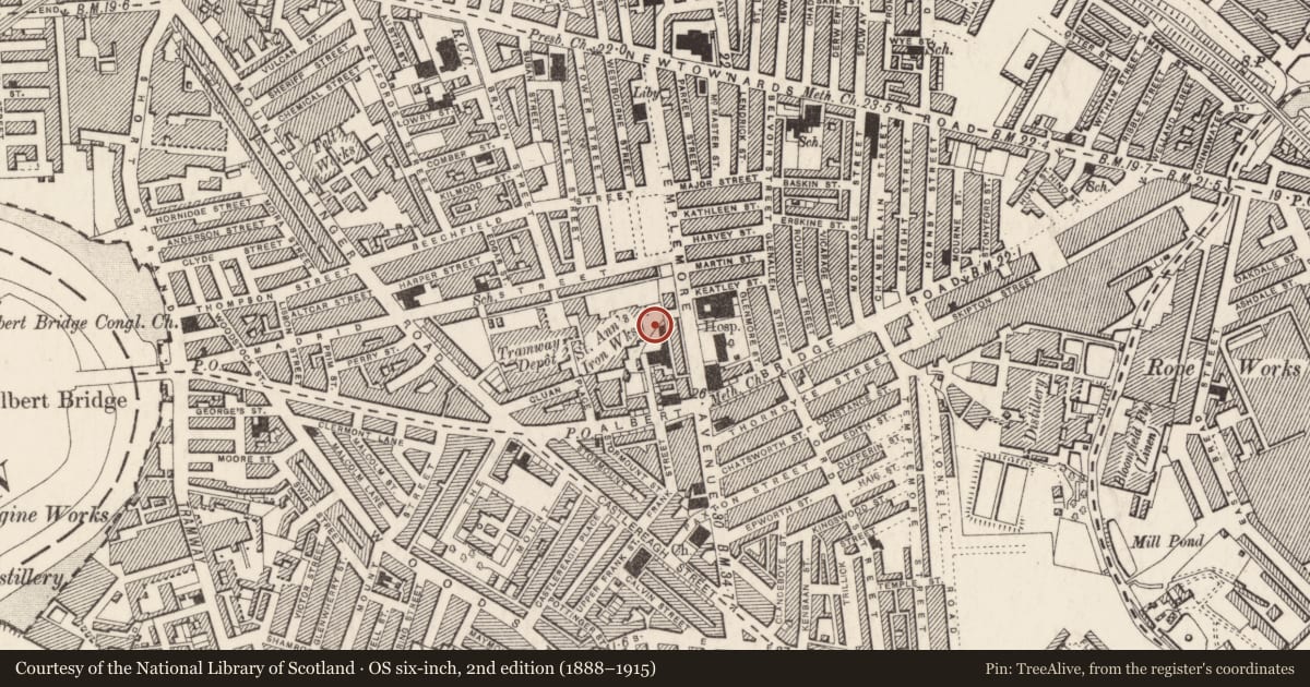 Ordnance Survey six-inch map, 2nd edition (1888–1915) covering the location of Mountpottinger National Schools, Ballymacarrett, Belfast, with a pin at the register's coordinates