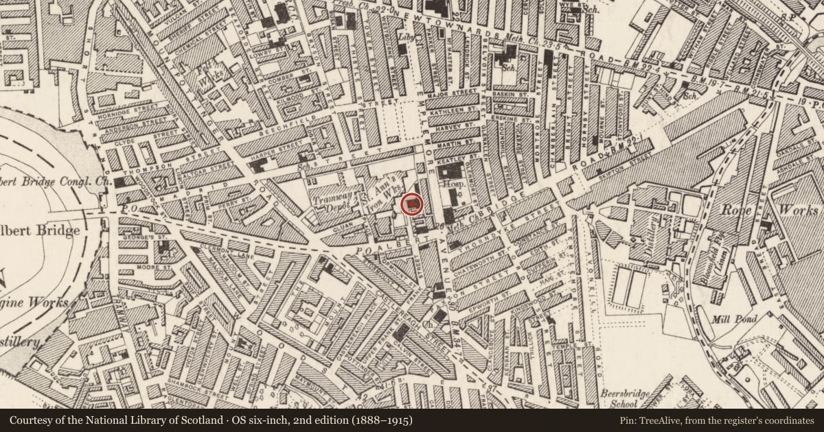 Ordnance Survey six-inch map, 2nd edition (1888–1915) covering the location of First Ballymacarrett Presbyterian Lecture Hall, Belfast, with a pin at the register's coordinates