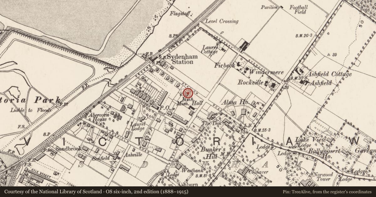 Ordnance Survey six-inch map, 2nd edition (1888–1915) covering the location of 32 Station Road, Ballymisert, Belfast, with a pin at the register's coordinates