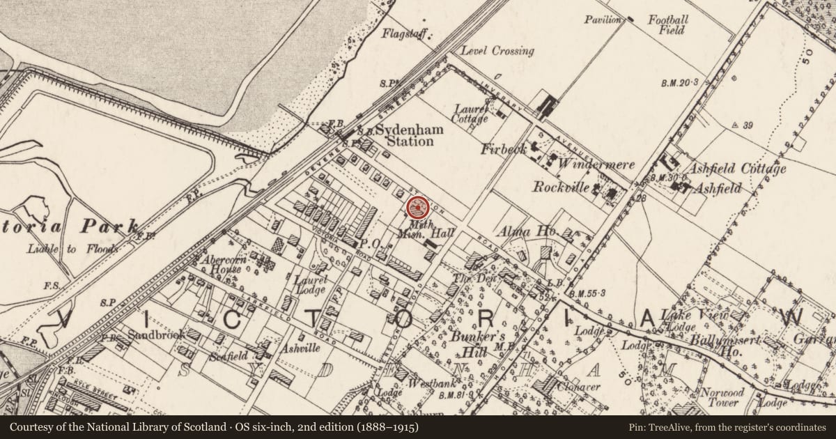 Ordnance Survey six-inch map, 2nd edition (1888–1915) covering the location of 34 Station Road, Ballymisert, Belfast, with a pin at the register's coordinates