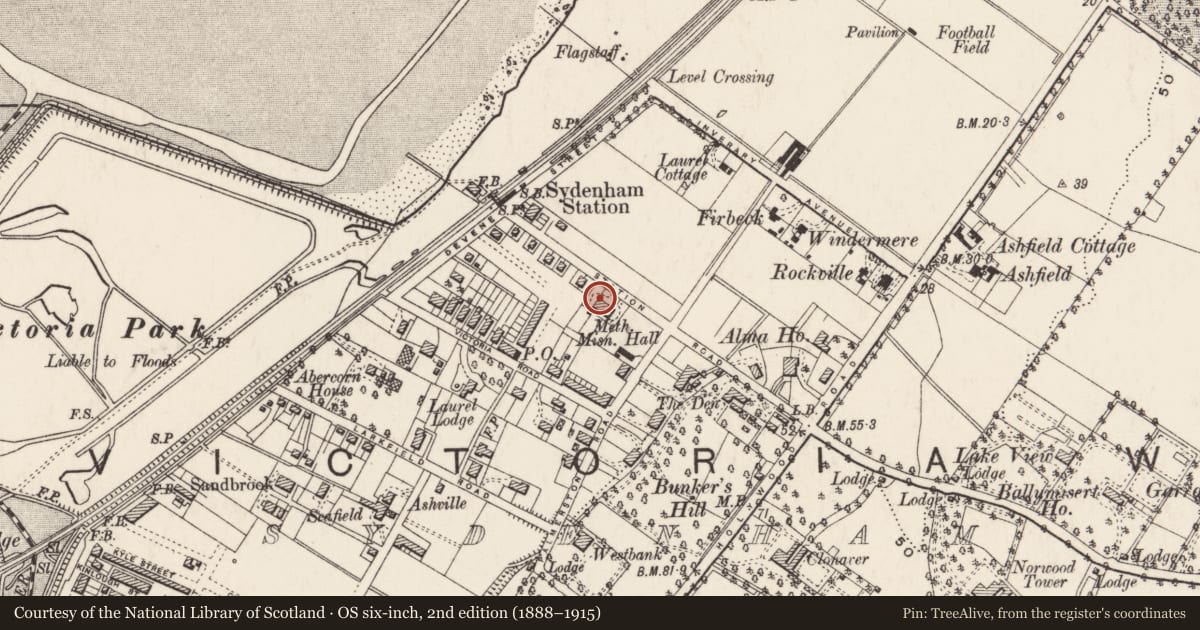 Ordnance Survey six-inch map, 2nd edition (1888–1915) covering the location of 36 Station Road, Ballymisert, Belfast, with a pin at the register's coordinates