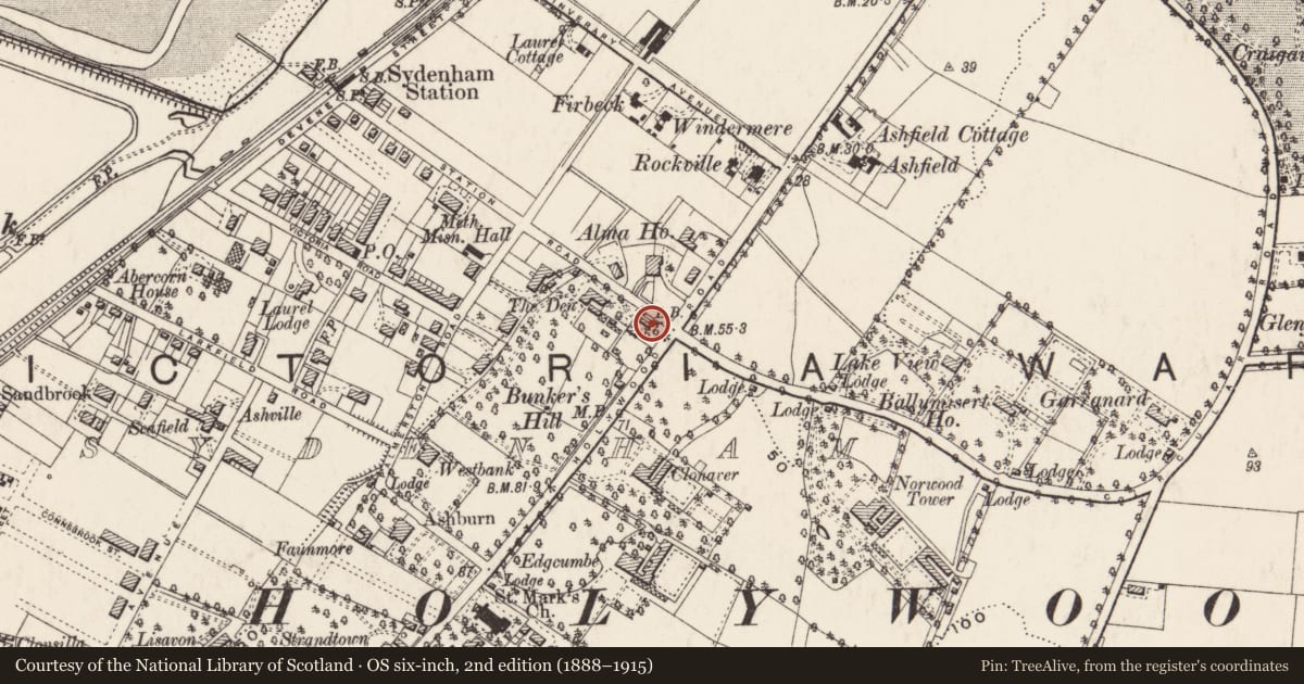 Ordnance Survey six-inch map, 2nd edition (1888–1915) covering the location of 2 Station Road, Stradtown, Belfast, with a pin at the register's coordinates