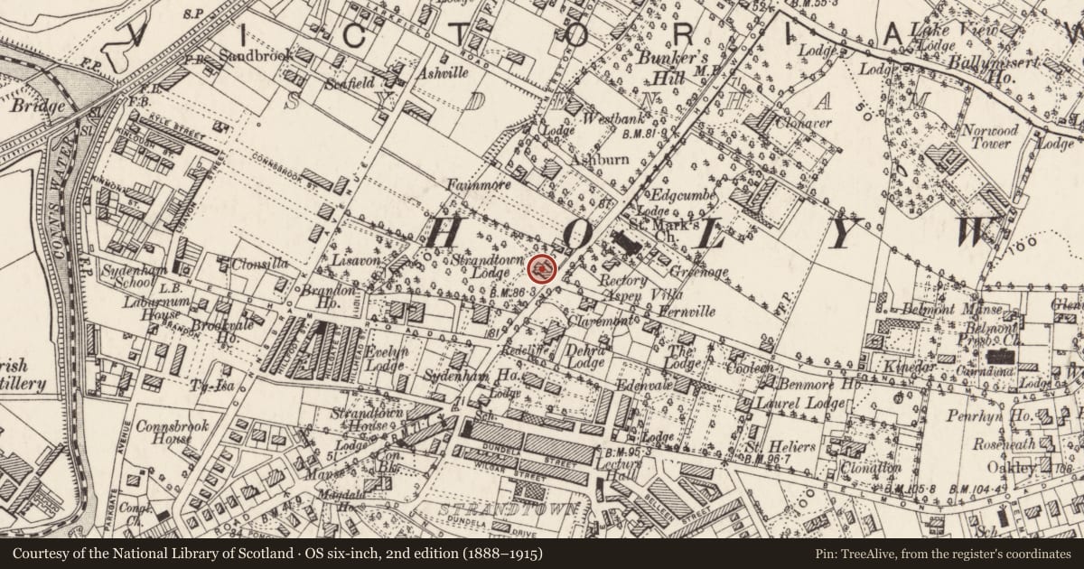 Ordnance Survey six-inch map, 2nd edition (1888–1915) covering the location of 186 Holywood Road, Belfast, with a pin at the register's coordinates